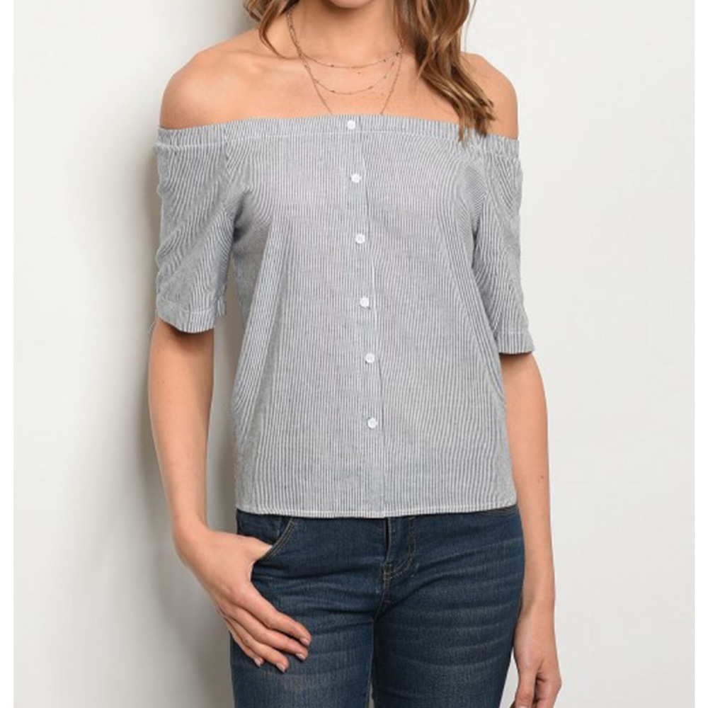 Black and White Stripe Off Shoulder Poplin Top